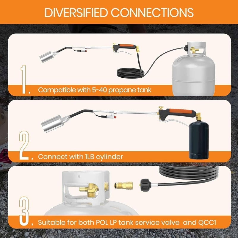 CALPOSE Propane Torch, Flamethrower Heavy Duty High Output 400,000BTU Weed Burner Torch with 12FT Hose, for Garden Wood Roofing Snow Road, Compatible with POL, QCC1 and 1LB Adapter (3 In 1) - Image 5
